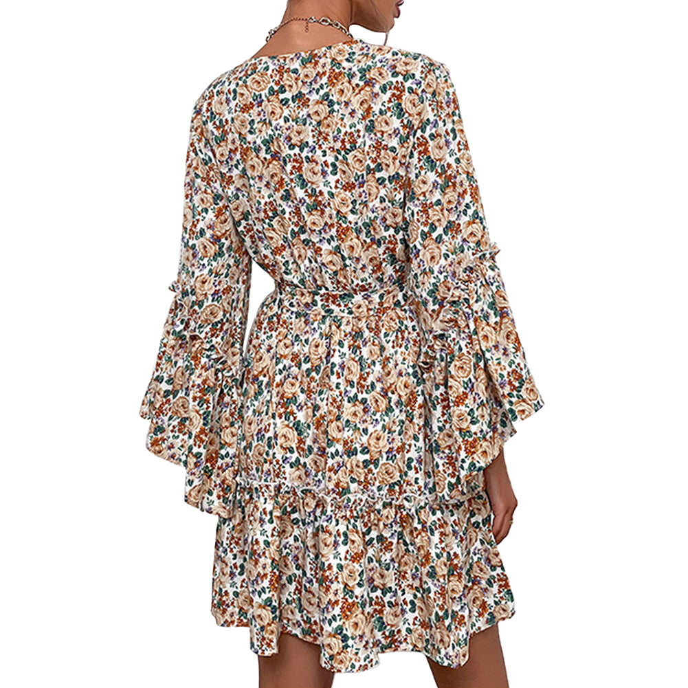 YESFASHION Women New V-neck Printed Long Sleeve Pre-fall Dress