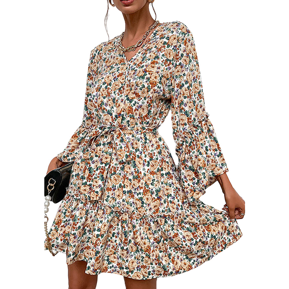 YESFASHION Women New V-neck Printed Long Sleeve Pre-fall Dress