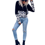 YESFASHION Women Fall Paneled Long Sleeve Leopard Sweaters