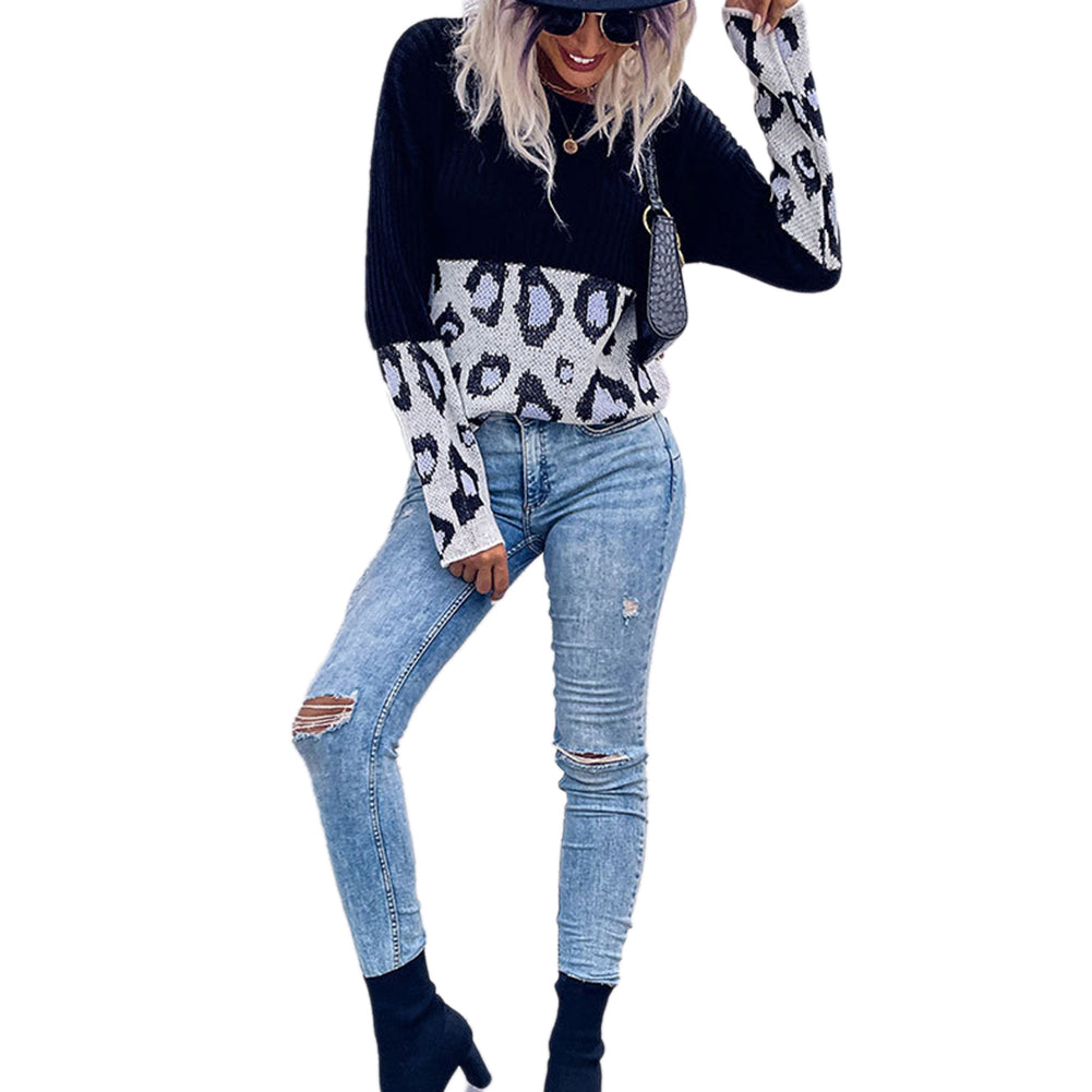 YESFASHION Women Fall Paneled Long Sleeve Leopard Sweaters