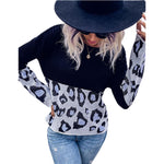 YESFASHION Women Fall Paneled Long Sleeve Leopard Sweaters