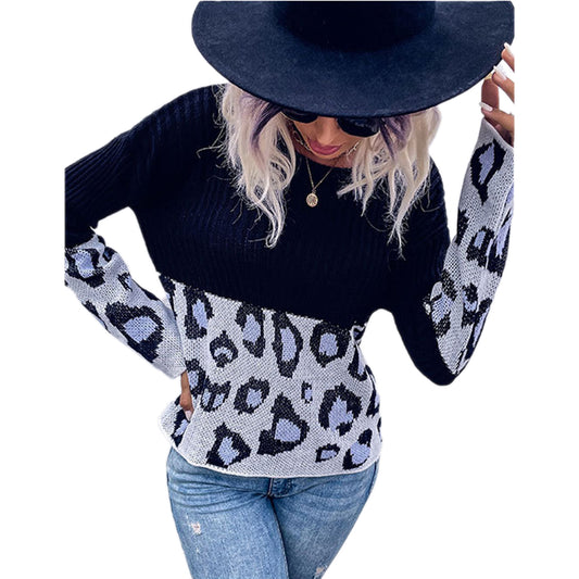 YESFASHION Women Fall Paneled Long Sleeve Leopard Sweaters