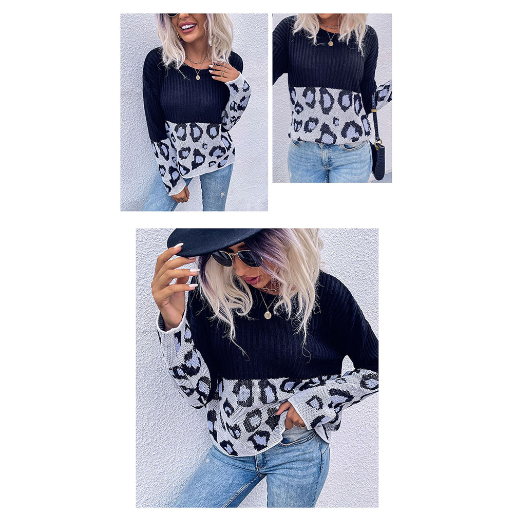 YESFASHION Women Fall Paneled Long Sleeve Leopard Sweaters