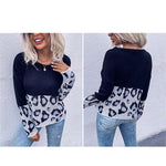 YESFASHION Women Fall Paneled Long Sleeve Leopard Sweaters