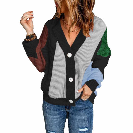 YESFASHION V-neck Button Colorblock Cardigan Sweaters