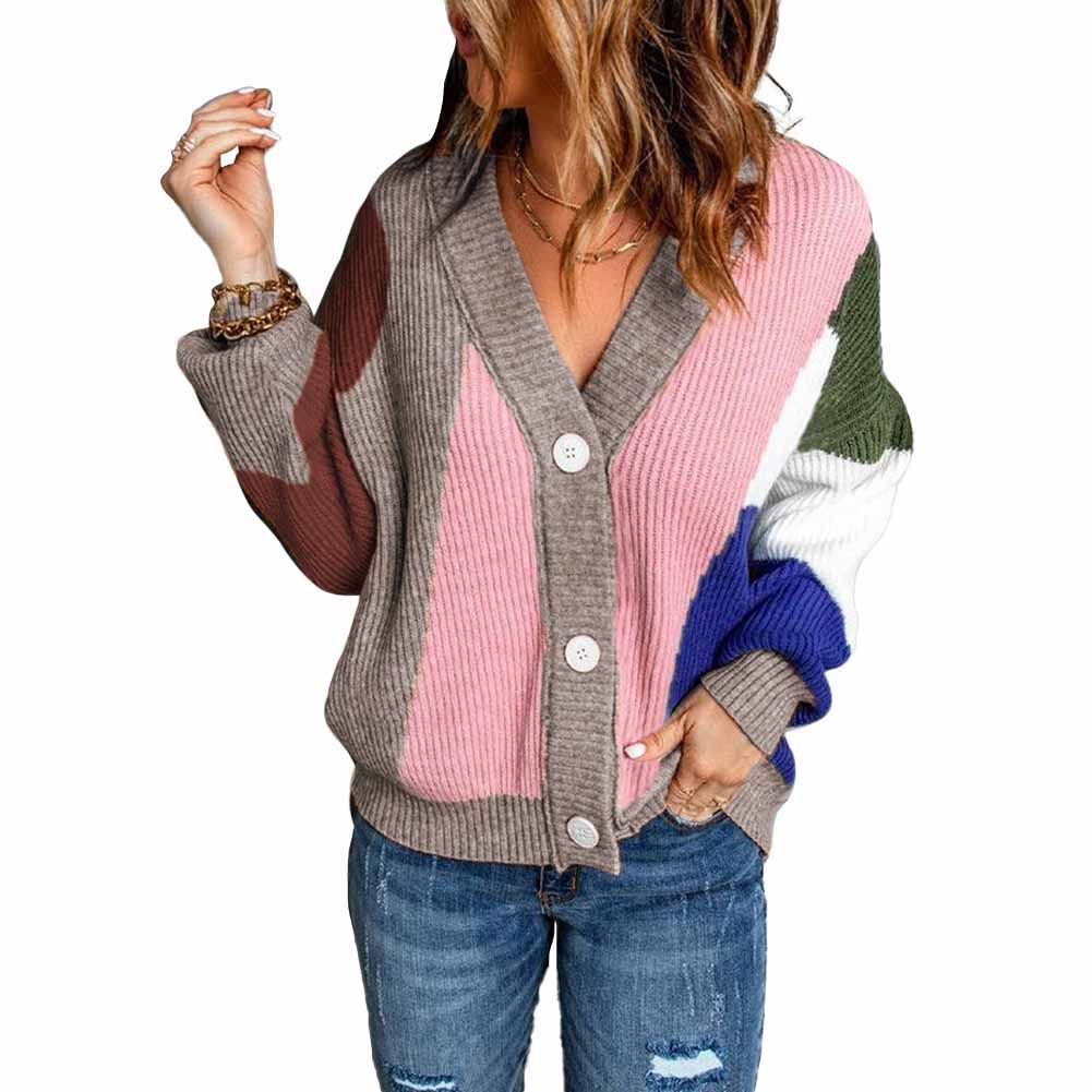 YESFASHION V-neck Button Colorblock Cardigan Sweaters