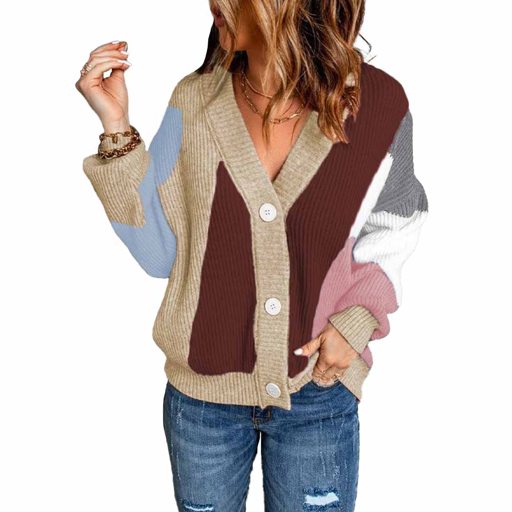 YESFASHION V-neck Button Colorblock Cardigan Sweaters