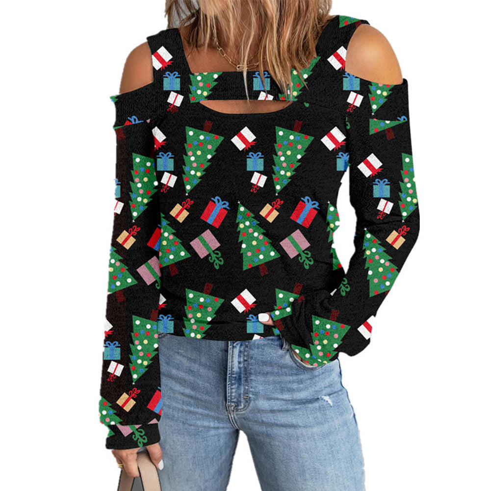 YESFASHION Christmas Off-the-shoulder Loose Long-sleeve T-shirt