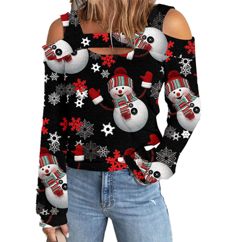 YESFASHION Christmas Off-the-shoulder Loose Long-sleeve T-shirt