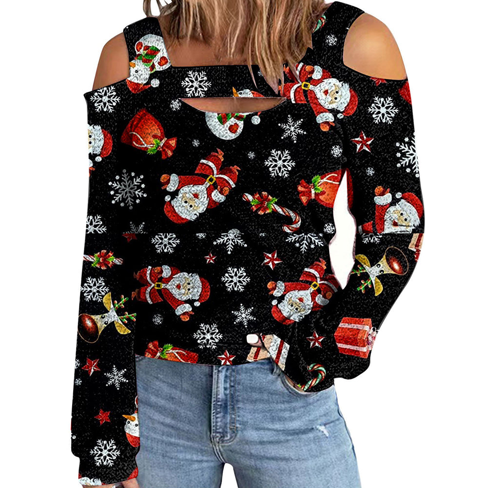 YESFASHION Christmas Off-the-shoulder Loose Long-sleeve T-shirt