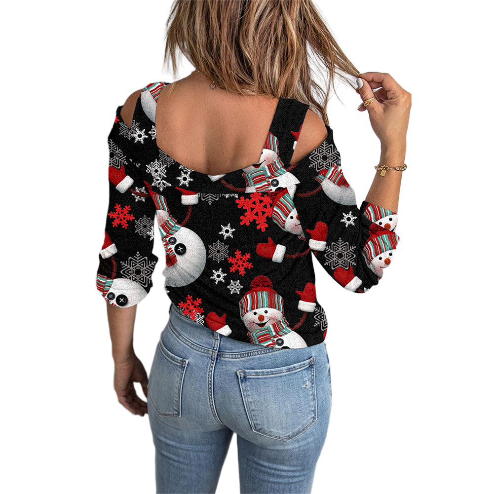 YESFASHION Christmas Off-the-shoulder Loose Long-sleeve T-shirt