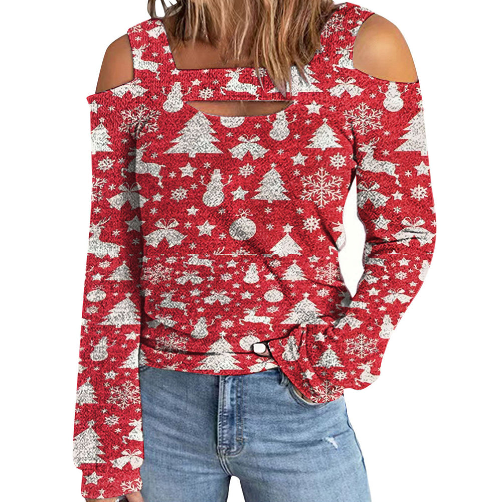 YESFASHION Christmas Off-the-shoulder Loose Long-sleeve T-shirt