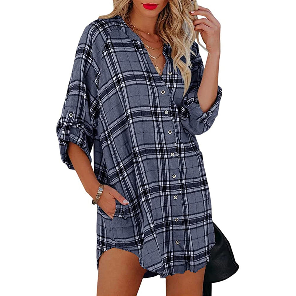 YESFASHION New Shirt Plaid Print V-neck Long-sleeved Tops