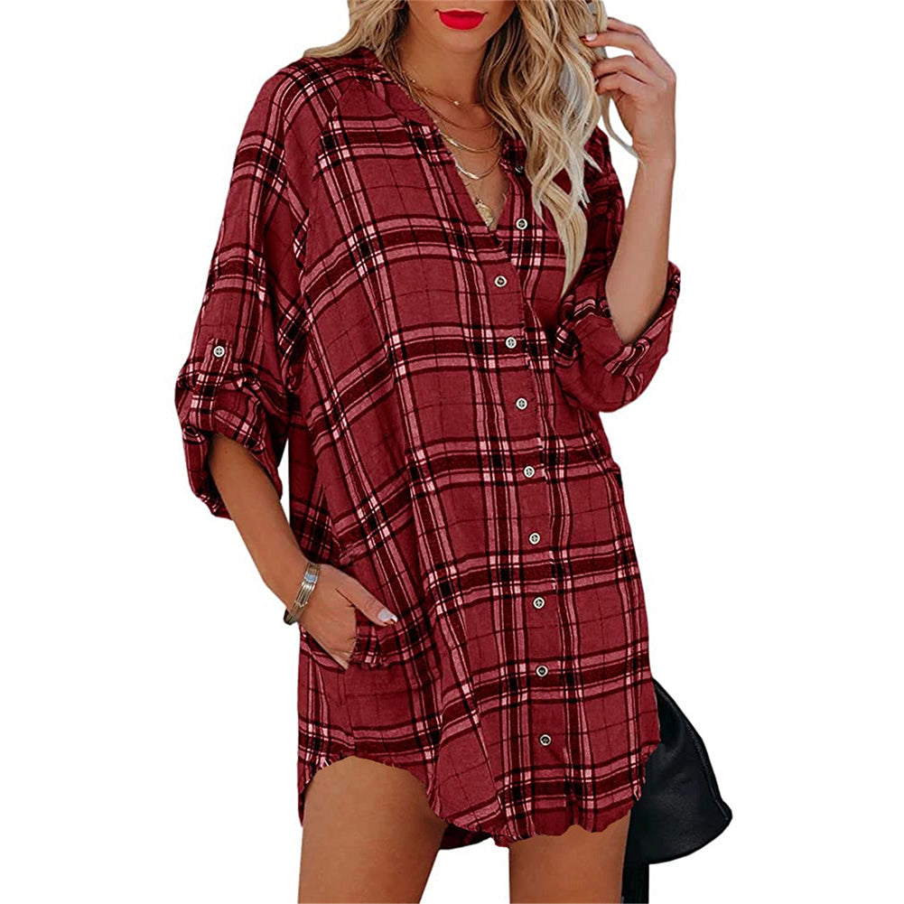 YESFASHION New Shirt Plaid Print V-neck Long-sleeved Tops