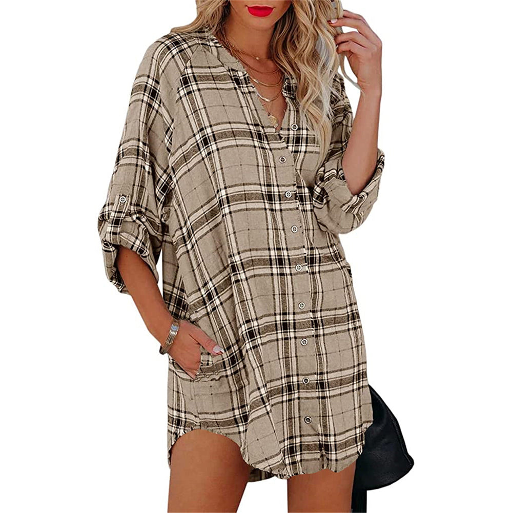 YESFASHION New Shirt Plaid Print V-neck Long-sleeved Tops