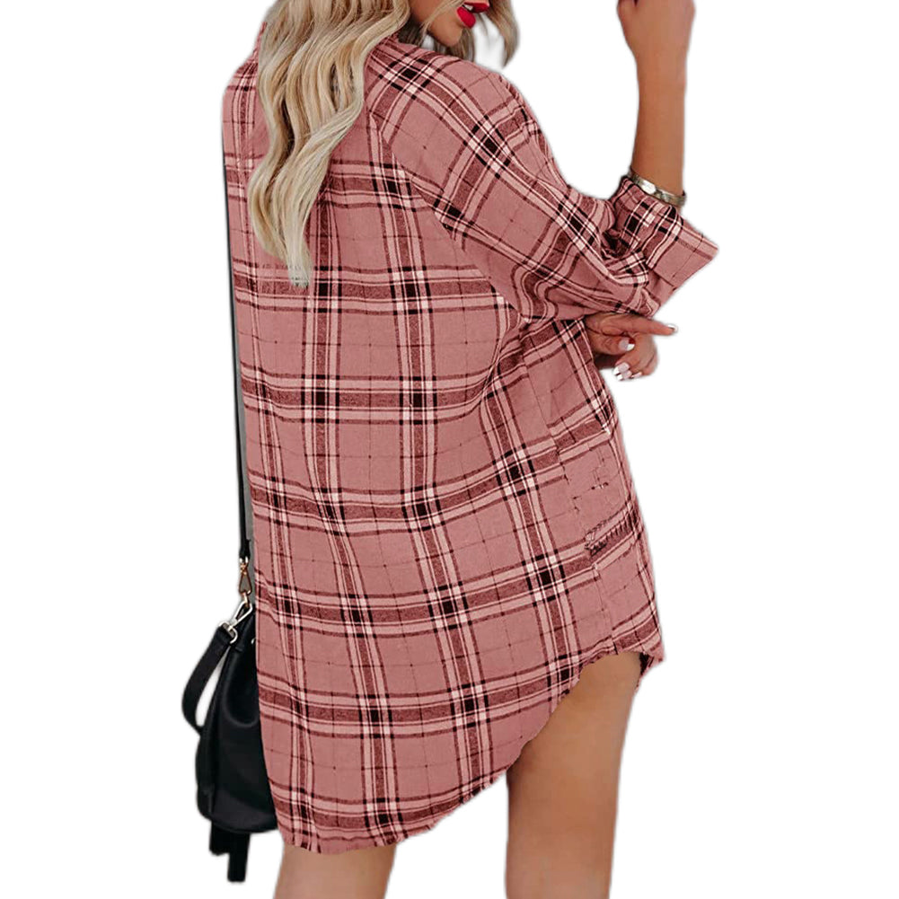 YESFASHION New Shirt Plaid Print V-neck Long-sleeved Tops