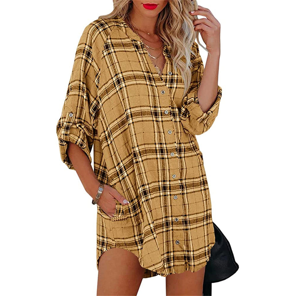YESFASHION New Shirt Plaid Print V-neck Long-sleeved Tops