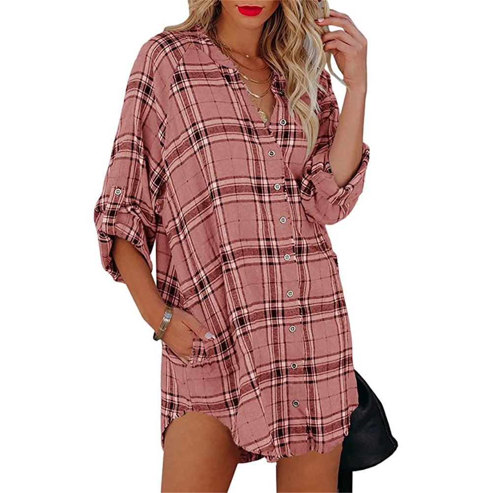 YESFASHION New Shirt Plaid Print V-neck Long-sleeved Tops