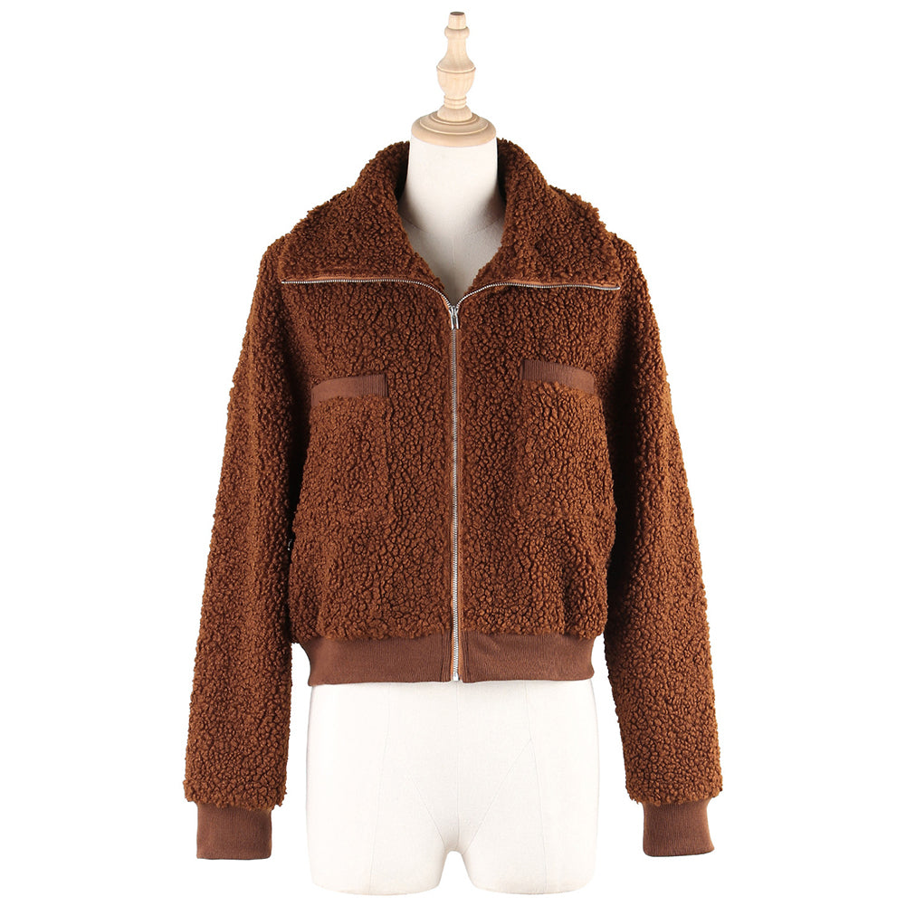 YESFASHION New Lamb Wool Plush Zip Jacket Solid Color Blast Warm Tops