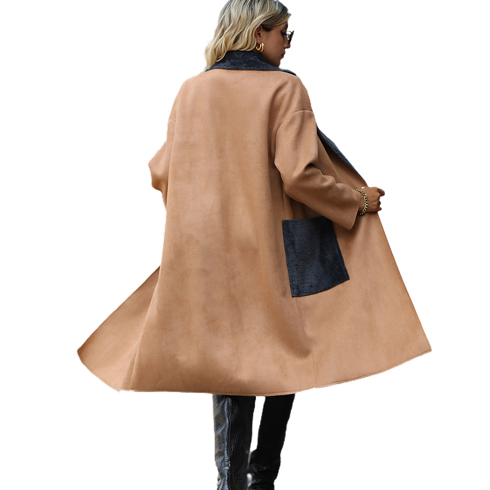 YESFASHION Fall Winter New Lapel Solid Suede Coat Long Coats