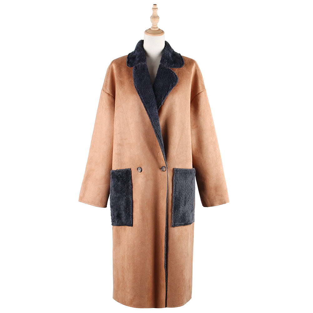 YESFASHION Fall Winter New Lapel Solid Suede Coat Long Coats