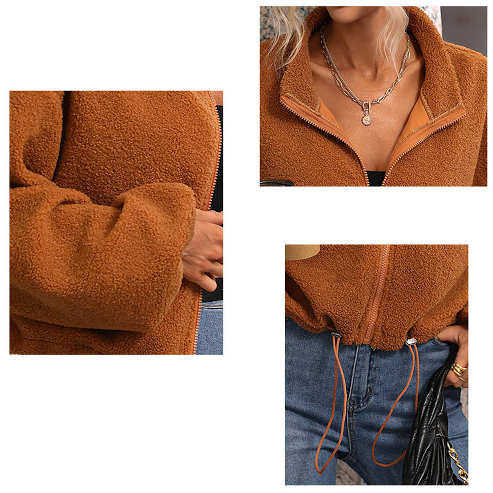 YESFASHION Women Fashion Short Coats Zip Solid Fleece Jacket
