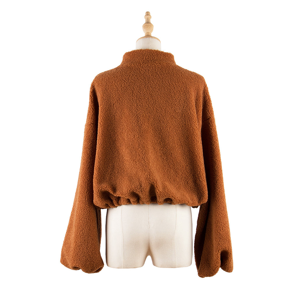 YESFASHION Women Fashion Short Coats Zip Solid Fleece Jacket