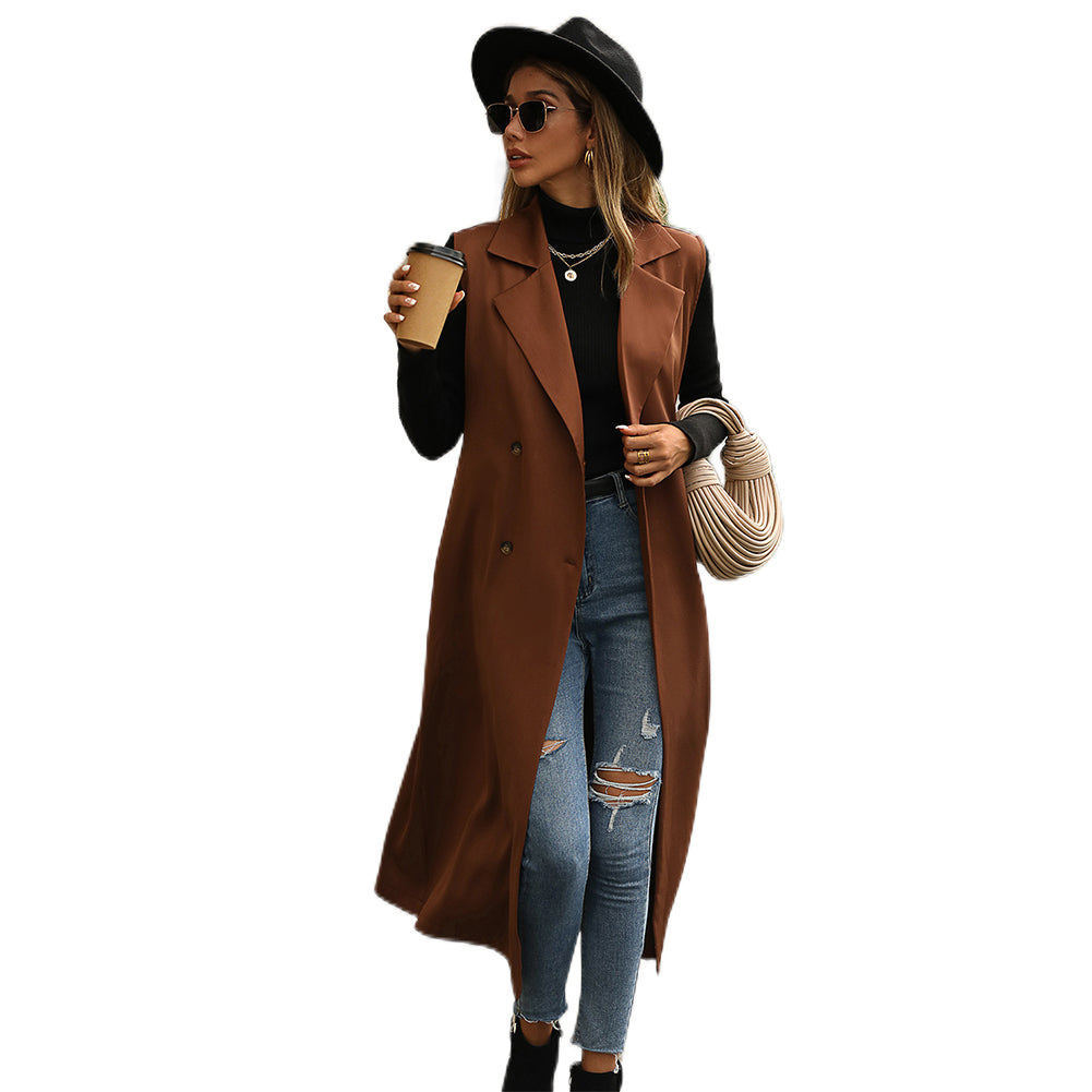 YESFASHION Fashion Lapel Sleeveless Solid Trench Coats
