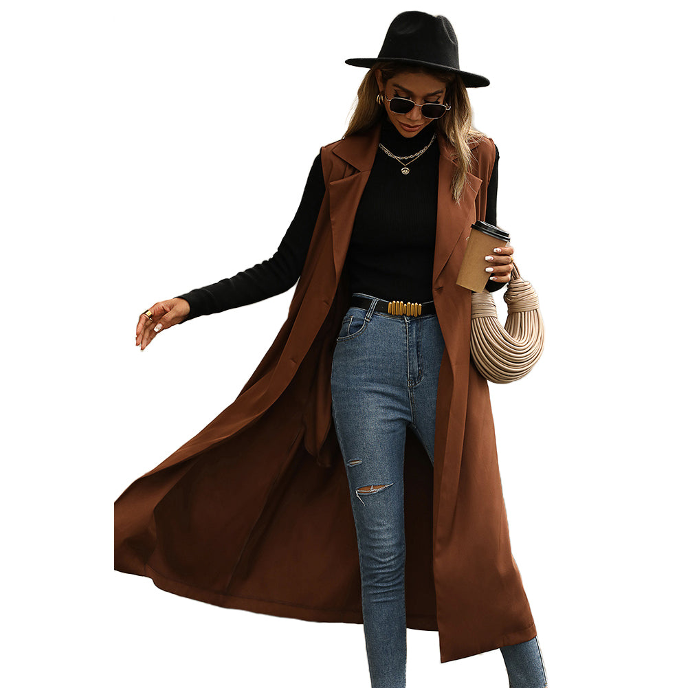 YESFASHION Fashion Lapel Sleeveless Solid Trench Coats