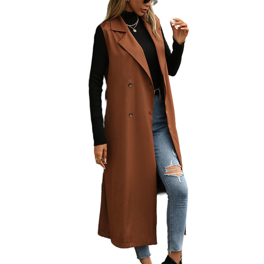 YESFASHION Fashion Lapel Sleeveless Solid Trench Coats