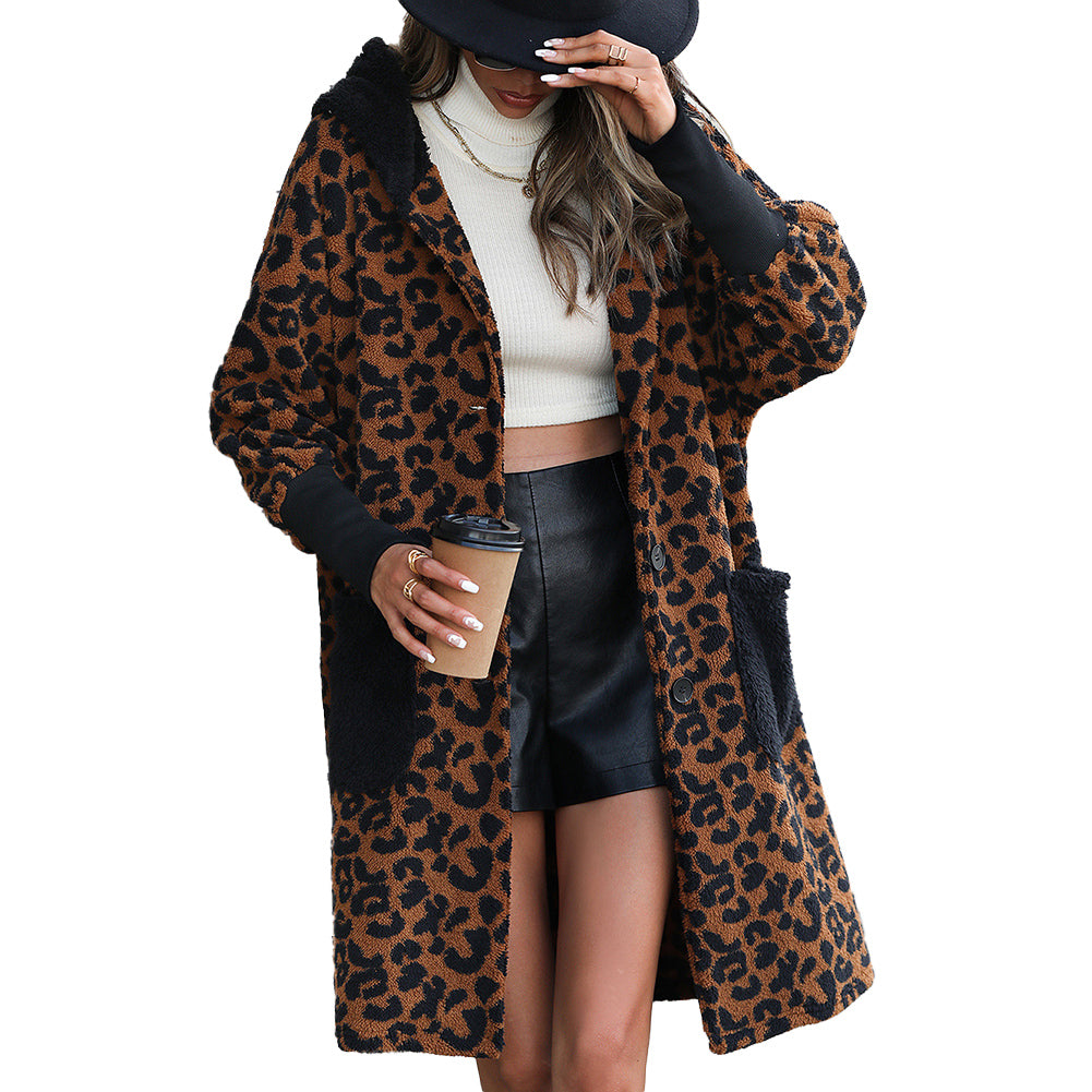 YESFASHION Sleek Loose Coats Leopard-painted Black Jacket