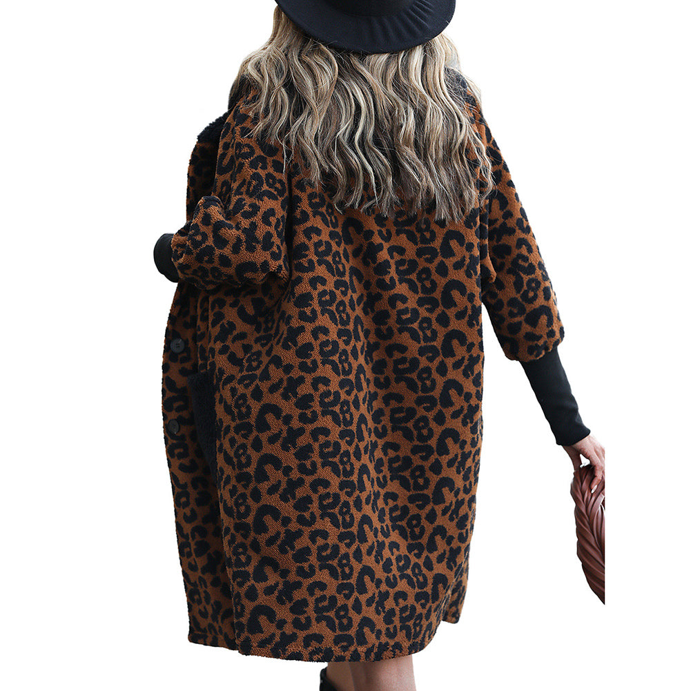 YESFASHION Sleek Loose Coats Leopard-painted Black Jacket