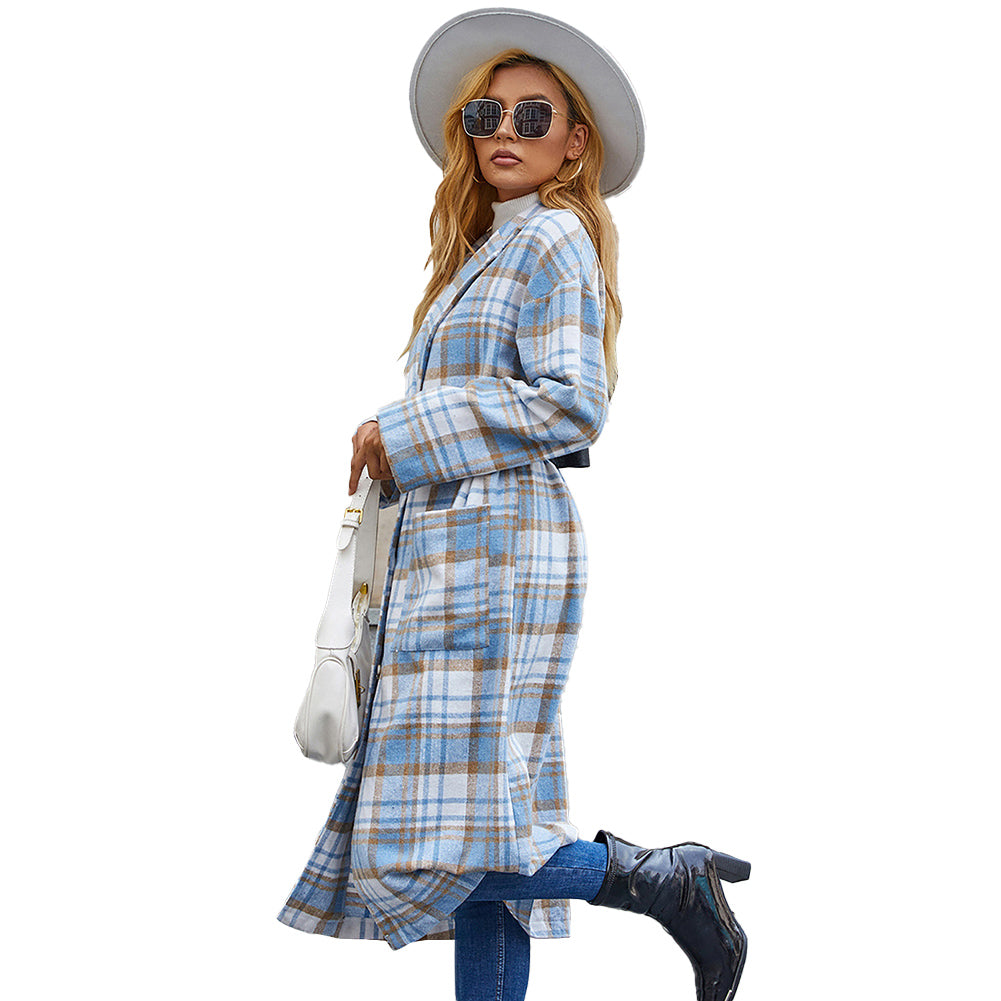 YESFASHION Women Oversized Blue And White Plaid Wool Coats