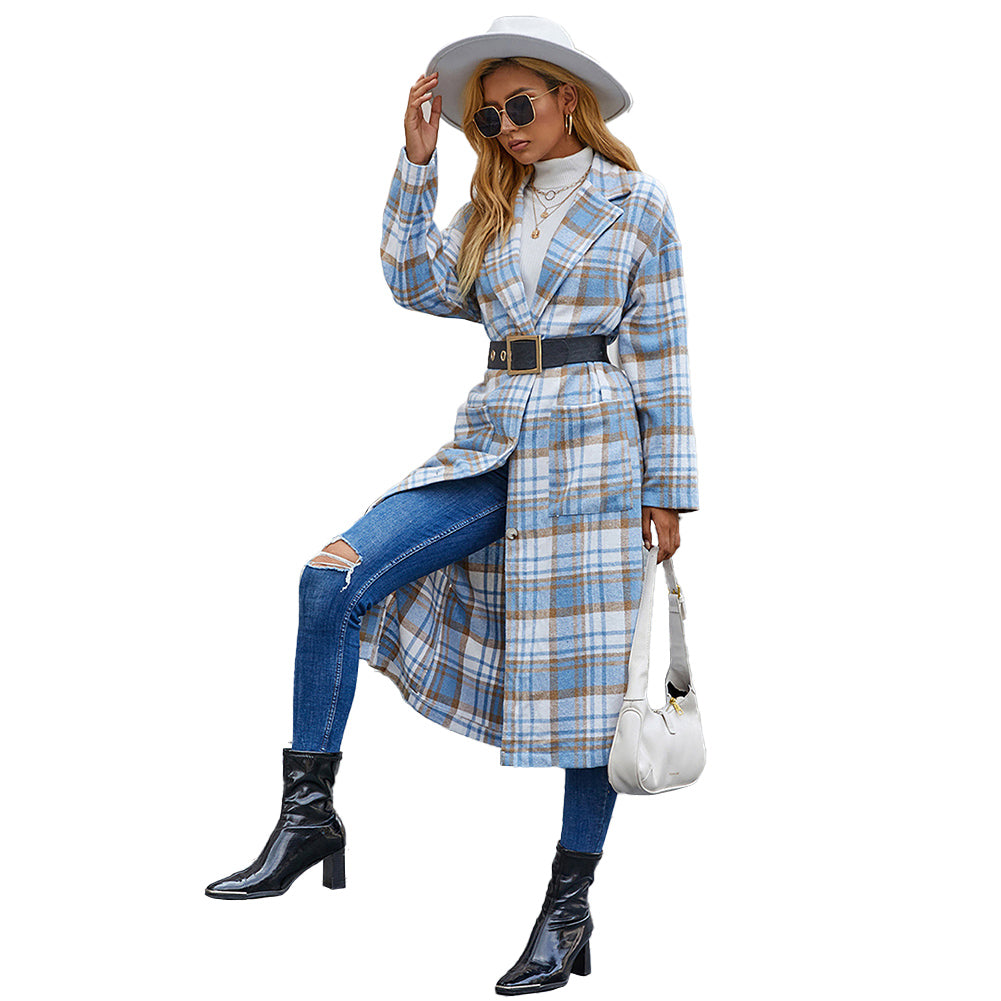 YESFASHION Women Oversized Blue And White Plaid Wool Coats