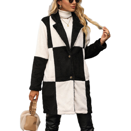 YESFASHION Women Mid Length Plaid Women Plush Coats