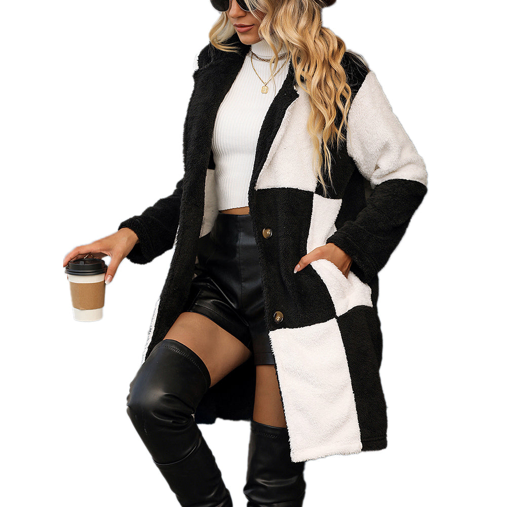 YESFASHION Women Mid Length Plaid Women Plush Coats