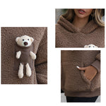 YESFASHION Bear Pocket Brown Fleece Hooded Sherpa Sweatshirts
