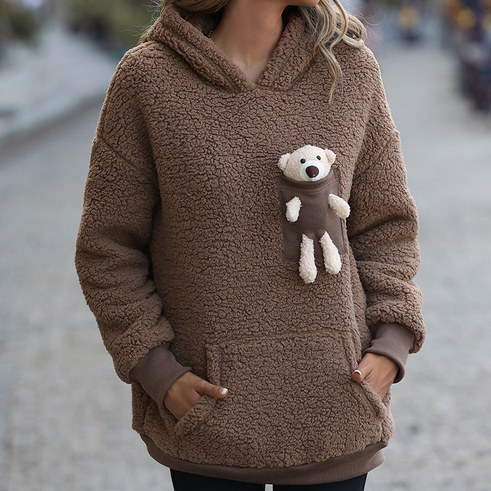 YESFASHION Bear Pocket Brown Fleece Hooded Sherpa Sweatshirts