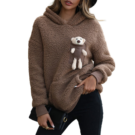 YESFASHION Bear Pocket Brown Fleece Hooded Sherpa Sweatshirts