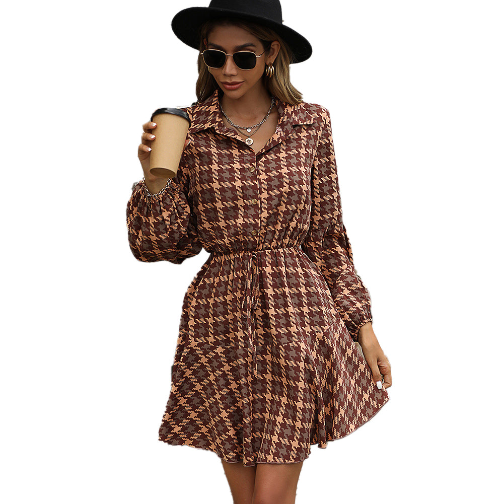 YESFASHION Autumn Winter Popular Women Long-sleeved Plaid Dress