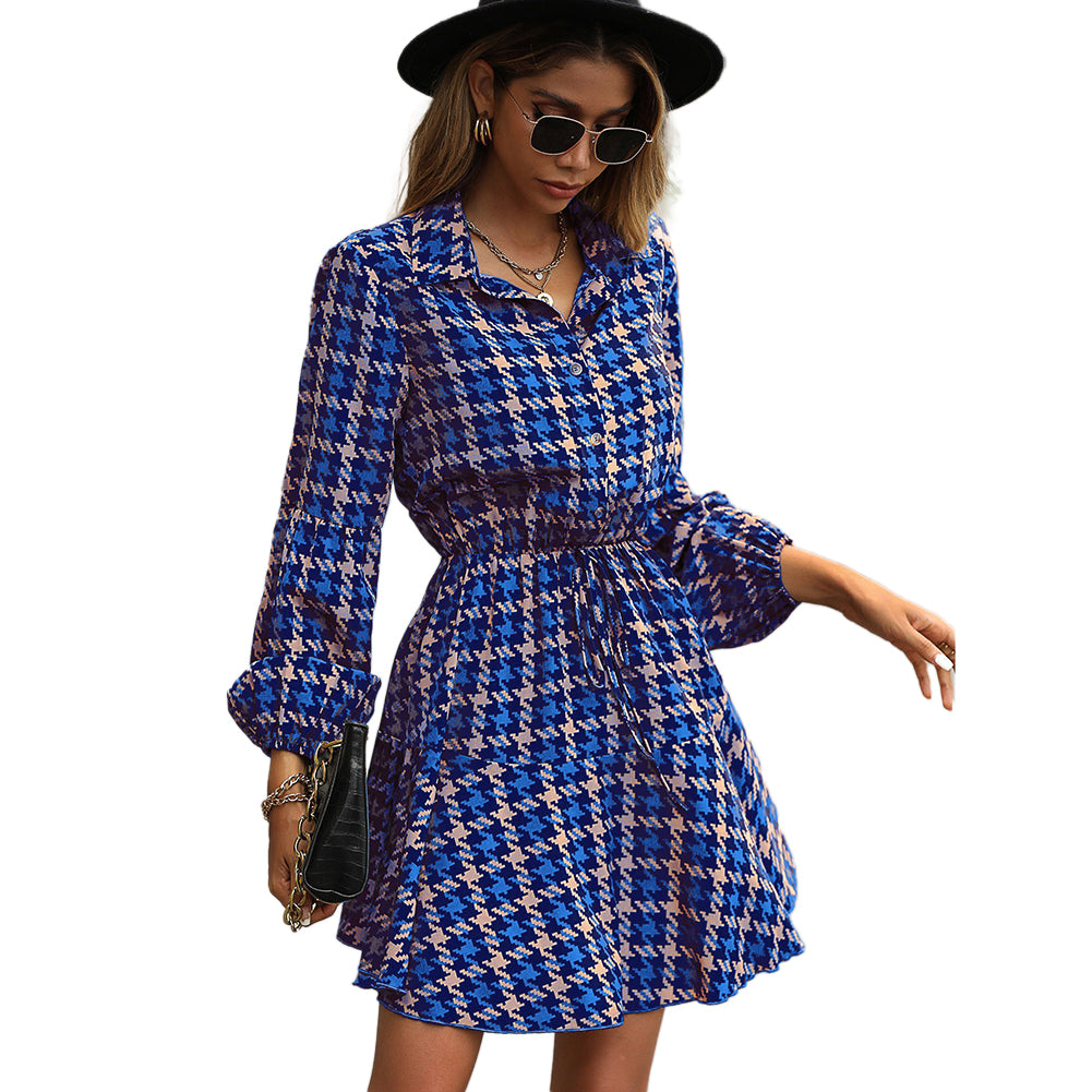 YESFASHION Autumn Winter Popular Women Long-sleeved Plaid Dress