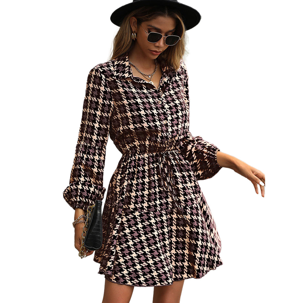 YESFASHION Autumn Winter Popular Women Long-sleeved Plaid Dress