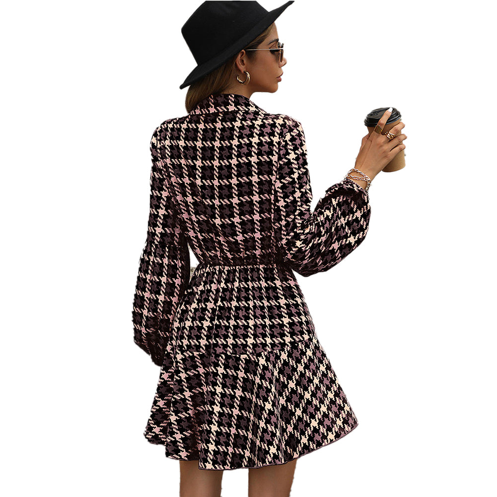 YESFASHION Autumn Winter Popular Women Long-sleeved Plaid Dress