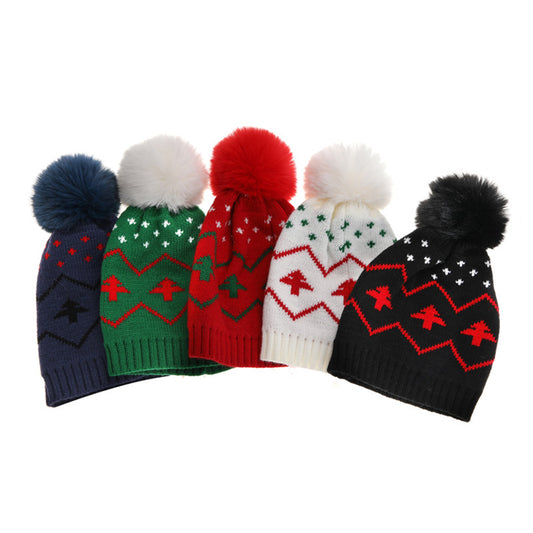 YESFASHION New Kids Warm Hat Fur Ball Christmas Tree Jacquard Knitted Hat