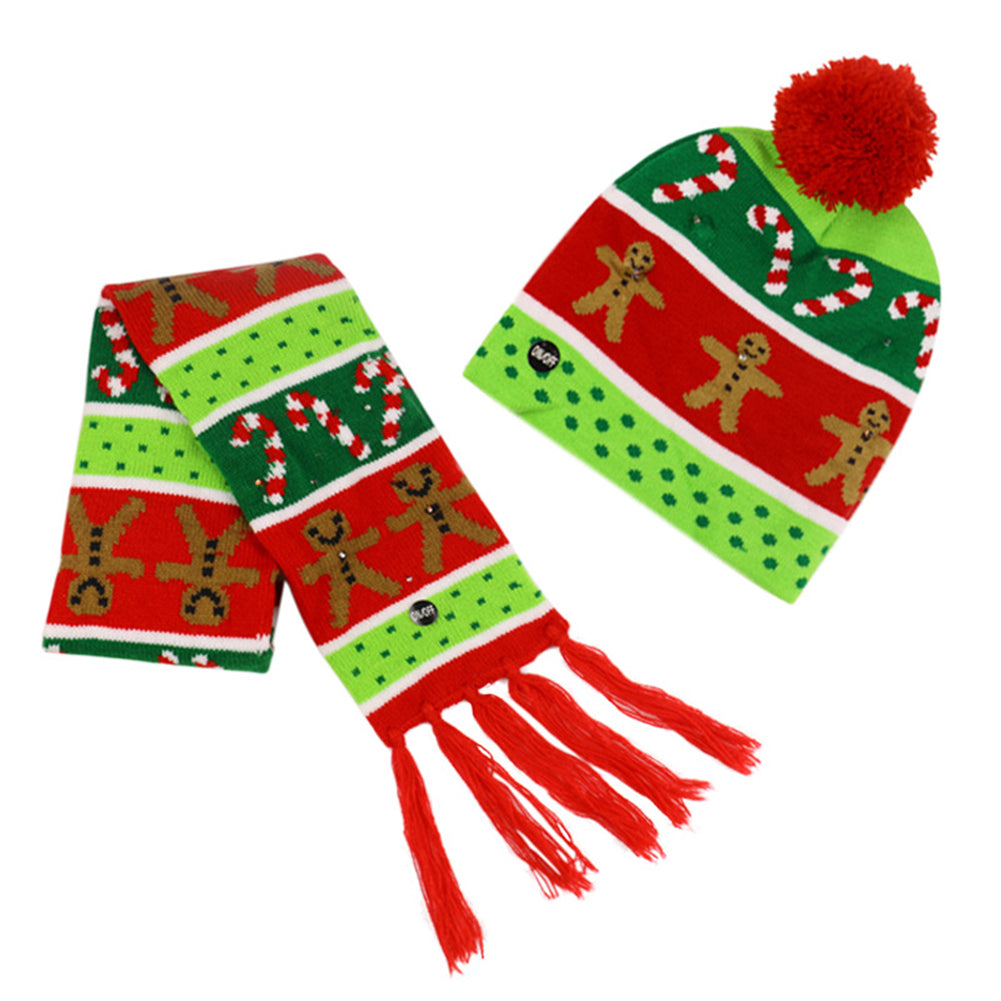YESFASHION Christmas Beanie Led Lighting Warm Knit Hat Scarf Set