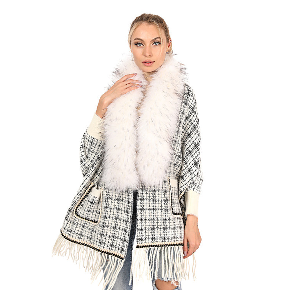 YESFASHION Fringed Long-sleeve Scarf Cape Cardigan Knitted Cape