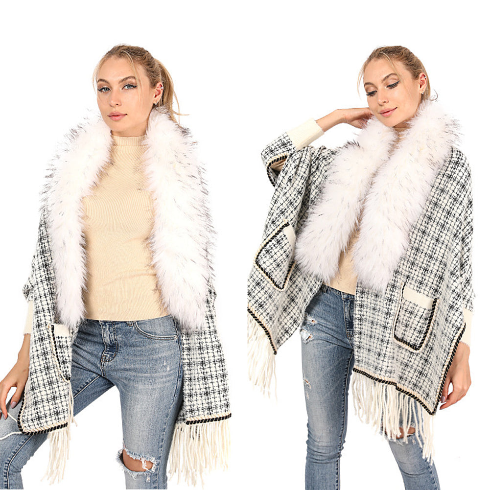 YESFASHION Fringed Long-sleeve Scarf Cape Cardigan Knitted Cape