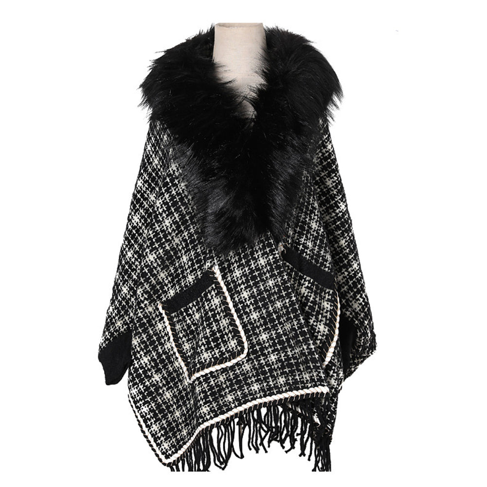 YESFASHION Fringed Long-sleeve Scarf Cape Cardigan Knitted Cape