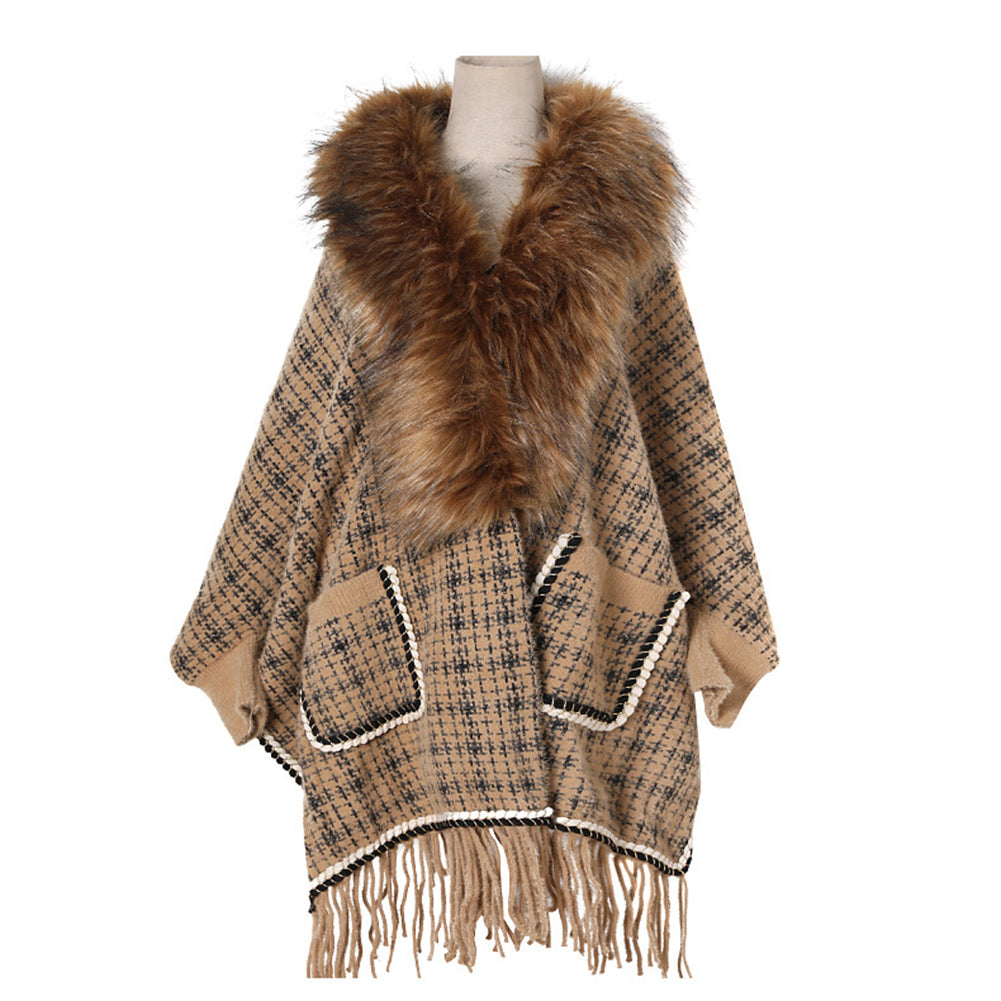 YESFASHION Fringed Long-sleeve Scarf Cape Cardigan Knitted Cape