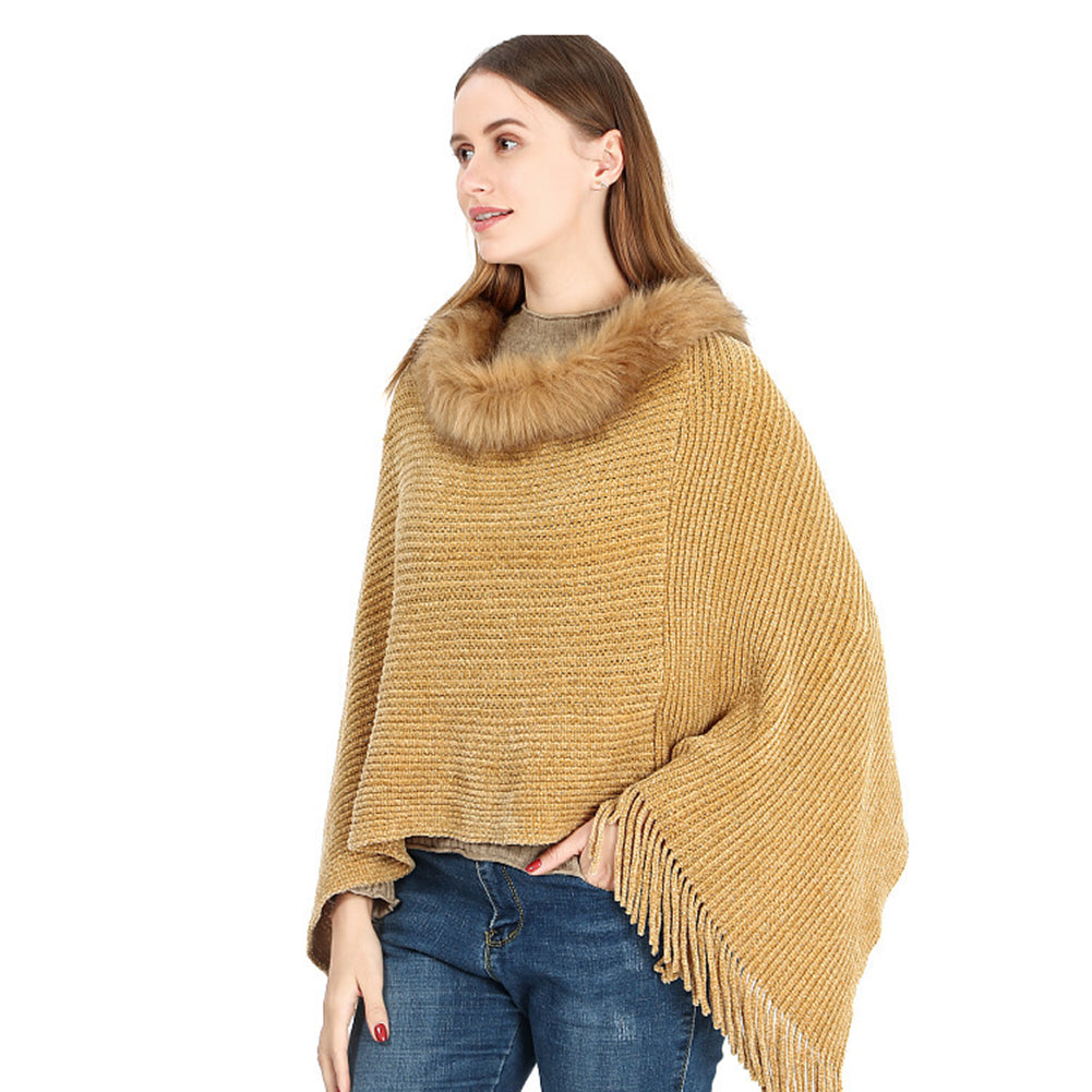 YESFASHION Winter Warm Chenille Collar Cape Women Knitted Shawl